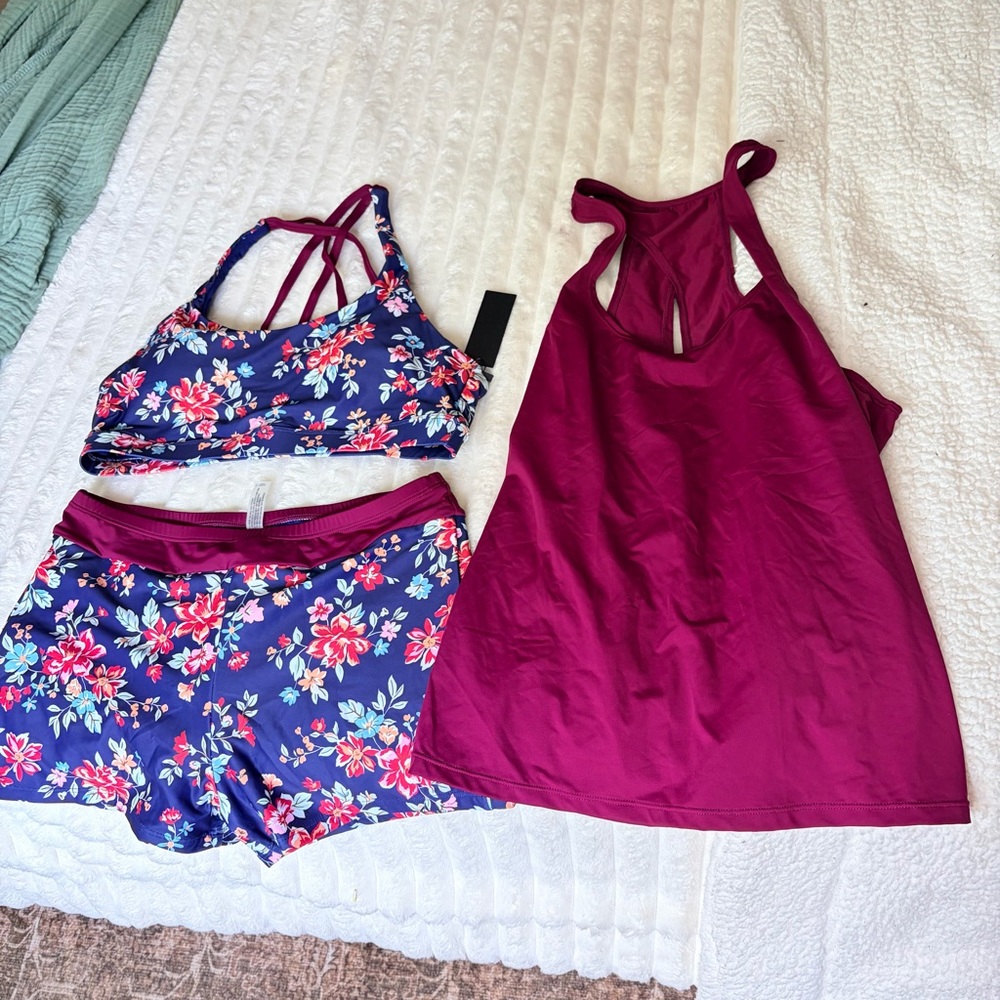 Tempt me 3 piece Tankini Swimsuit L burgundy